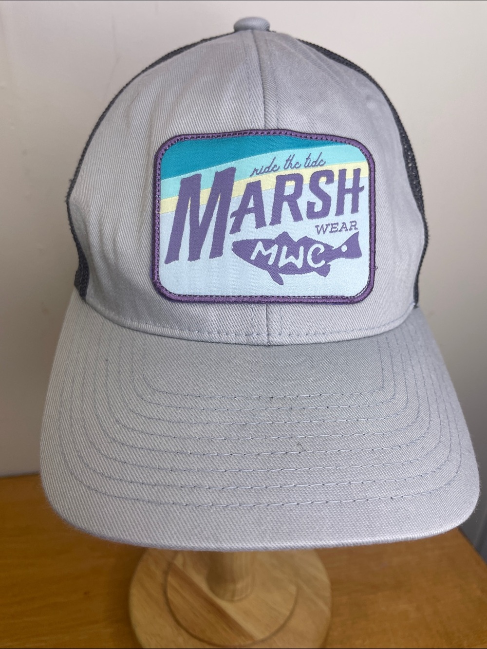 Marsh Wear Men's Light Gray Trucker Hat with Purple Patch